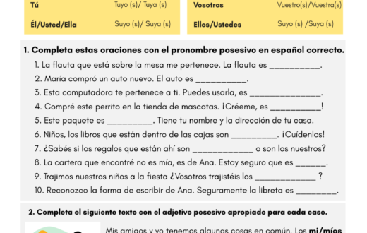 Adjetivos Posesivos En Espa Ol Ejercicios En Pdf Spanish Off