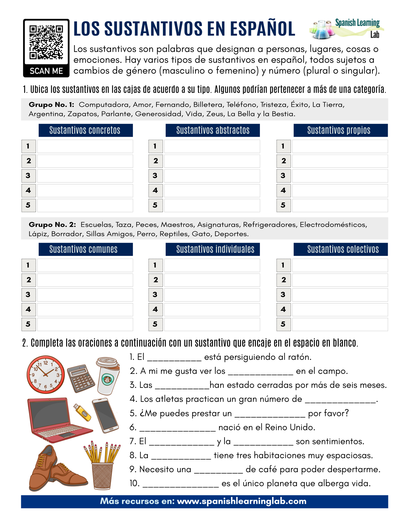 Clasificando Sustantivos en Español Ejercicios en PDF Spanish Learning Lab