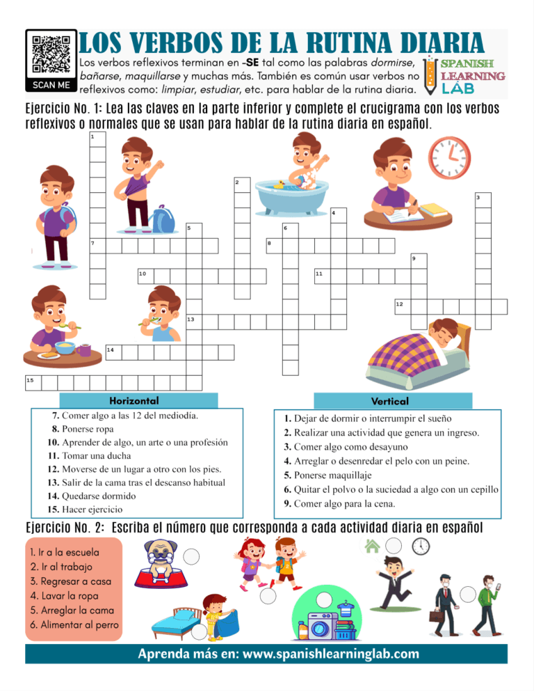 Los Verbos De La Rutina Diaria En Espa Ol Crucigrama En Pdf Spanish Learning Lab