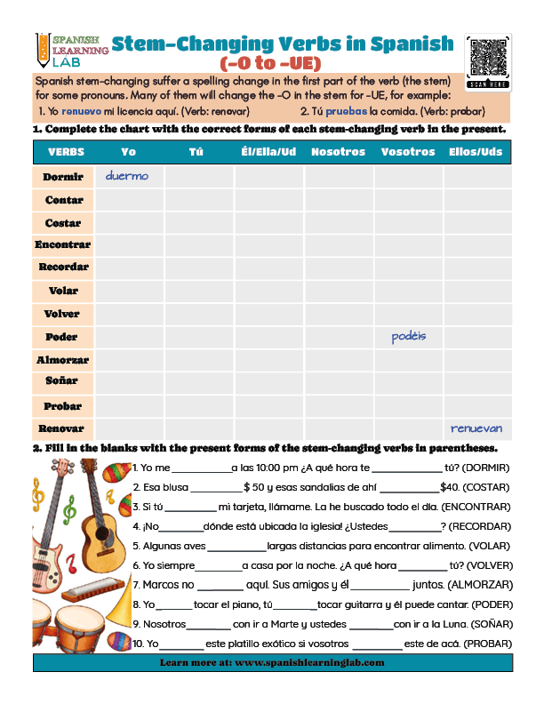 Stem Changing Verbs O To UE PDF Worksheet Spanish Learning Lab