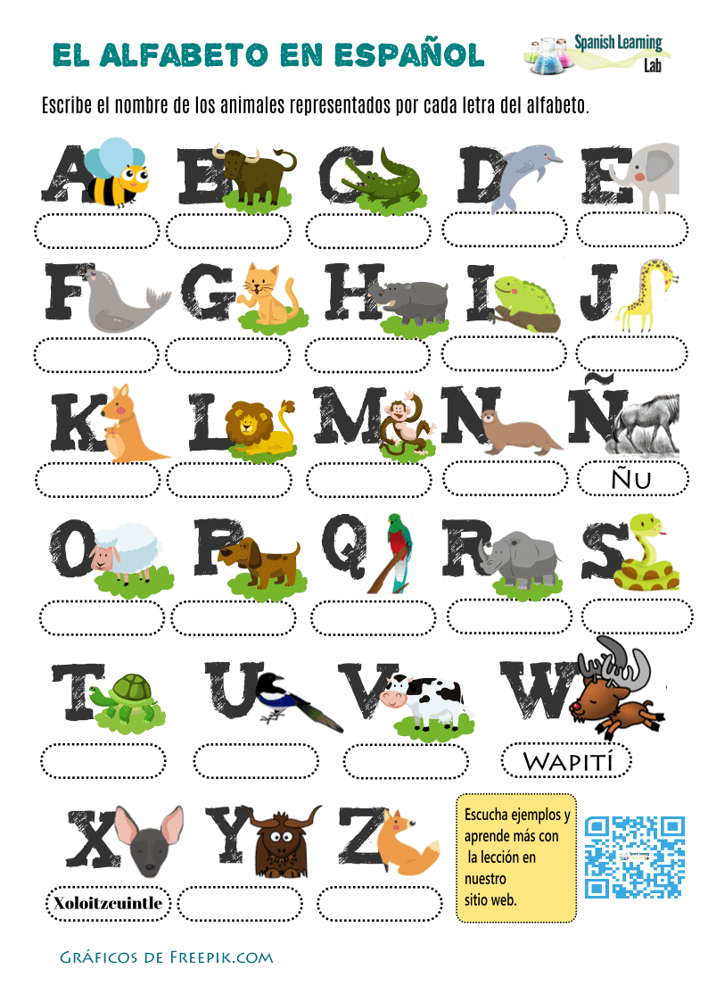 Alphabet In Spanish With Animals PDF Worksheet Spanish Learning Lab