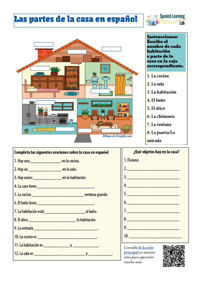 Rooms And Parts Of The House In Spanish: PDF Worksheet - Spanish ...