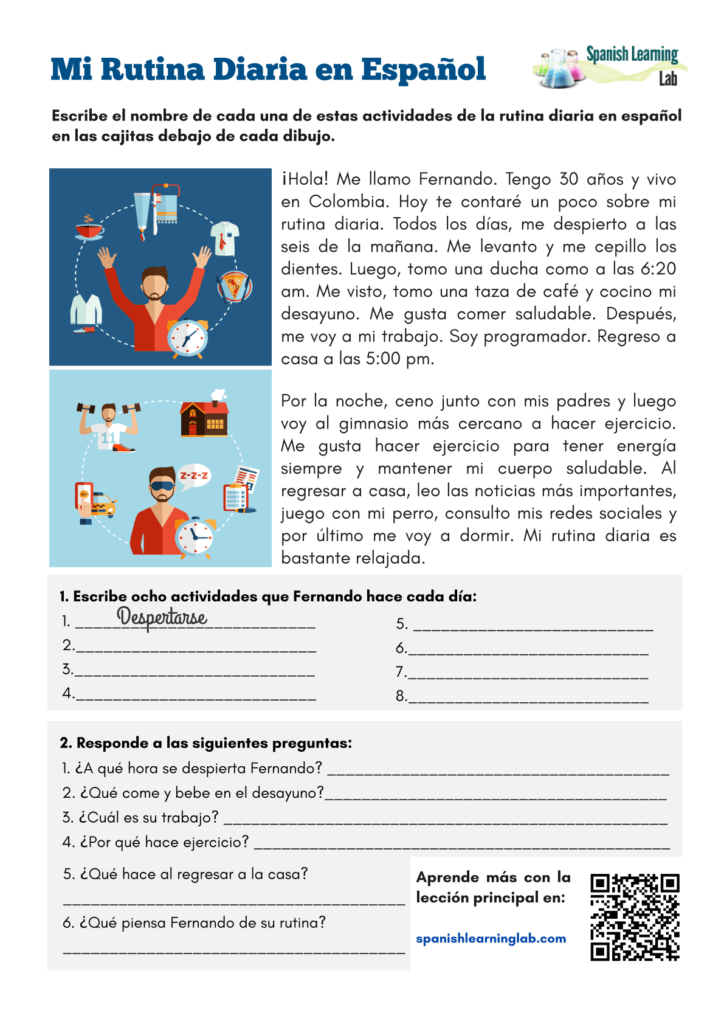 My Daily Routine In Spanish PDF Worksheet SpanishLearningLab