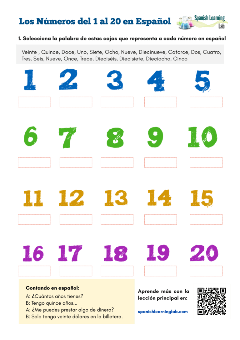 Los Números del 1 al 20 en Español Hoja de trabajo PDF Spanish