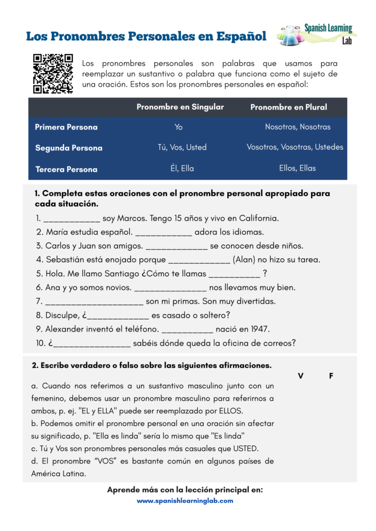 Los Pronombres Personales en Español - Hoja de Trabajo en PDF