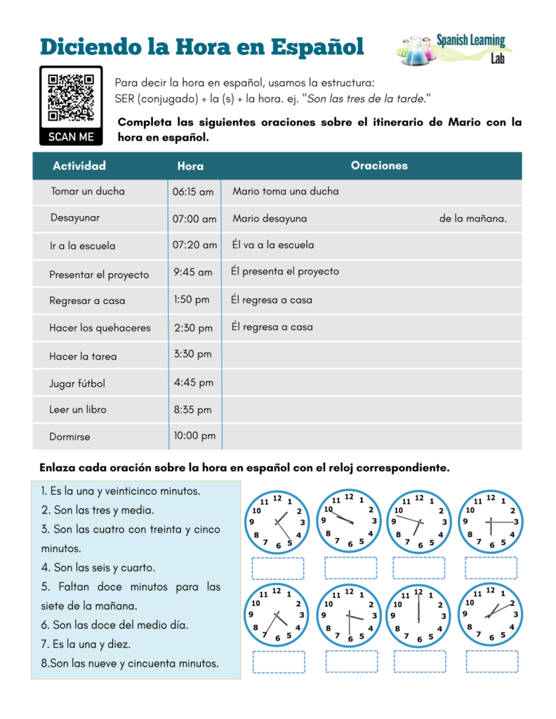 Telling Time In Spanish PDF Worksheet Spanish Learning Lab