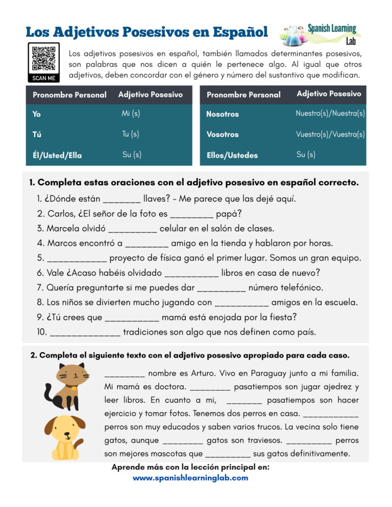 possessive adjectives in spanish pdf worksheet spanishlearninglab