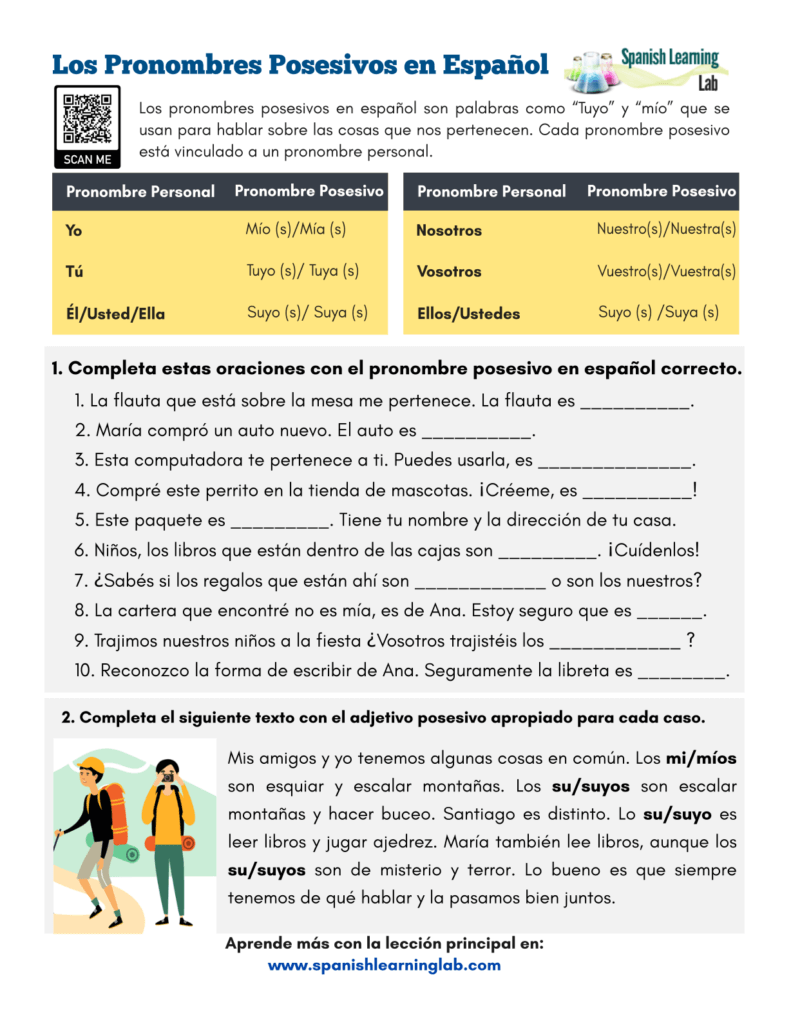 Possessive Pronouns In Spanish PDF Worksheet Spanish Learning Lab