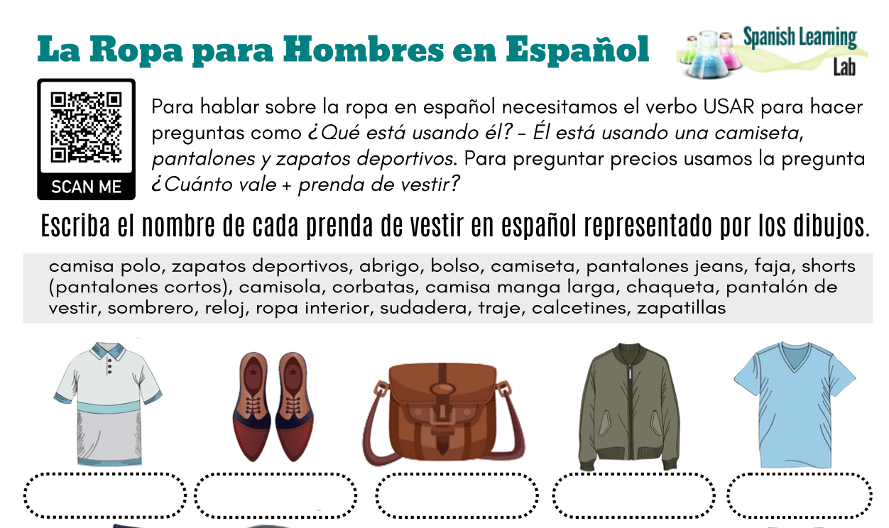 Men's Clothes in Spanish - PDF Worksheet - Spanish Learning Lab