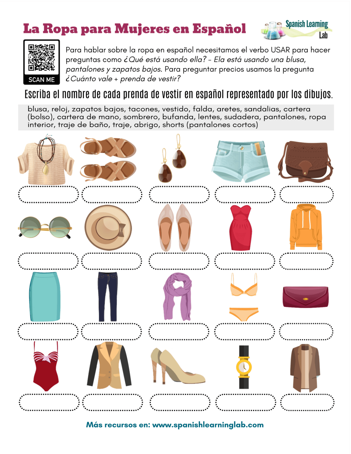 Women s Clothes In Spanish PDF Worksheet Spanish Learning Lab