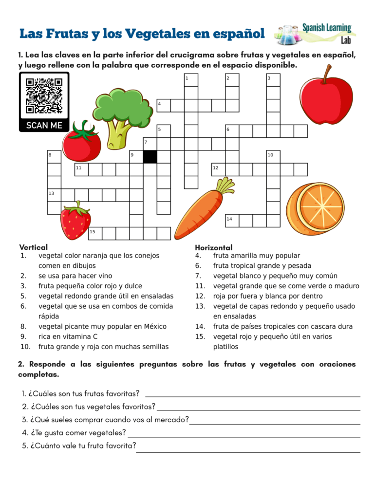 Fruits and Vegetables in Spanish - PDF Crossword Puzzle