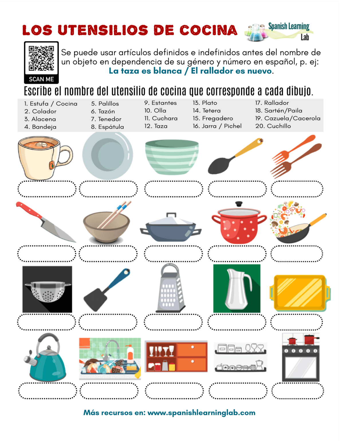 Kitchen Utensils in Spanish - PDF Worksheet - SpanishLearningLab