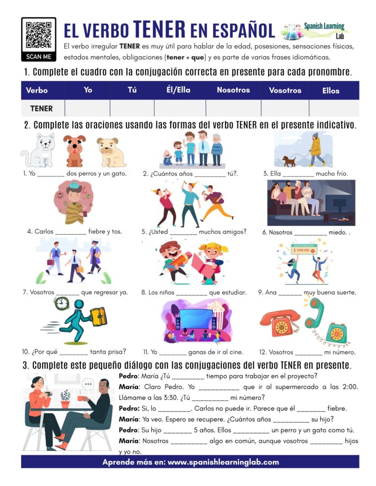 The Verb TENER In Spanish PDF Worksheet Spanish Learning Lab