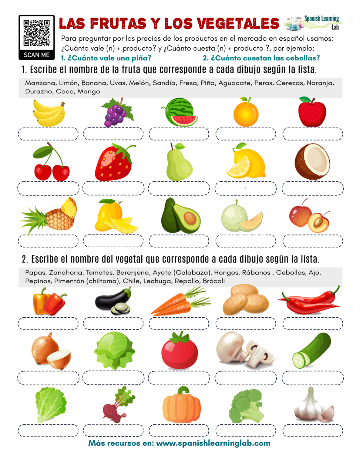 Frutas Y Vegetales En Espa ol Ejercicios En PDF Spanish Learning Lab