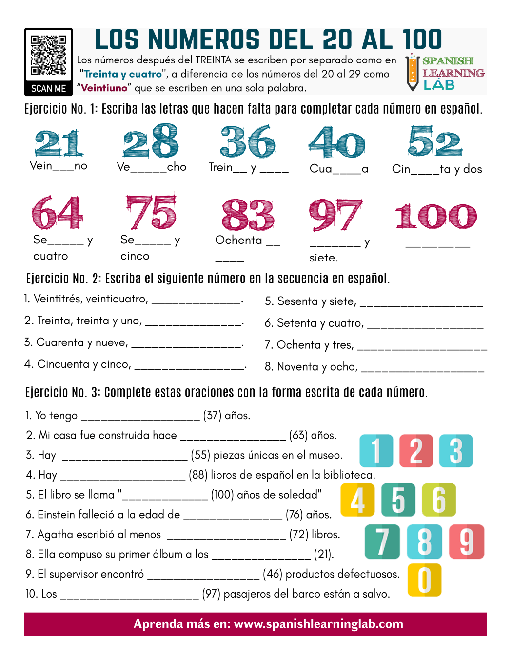 Numbers in Spanish from 25 to 25 - PDF Worksheet - SpanishLearningLab Pertaining To Spanish Numbers Worksheet 1 100