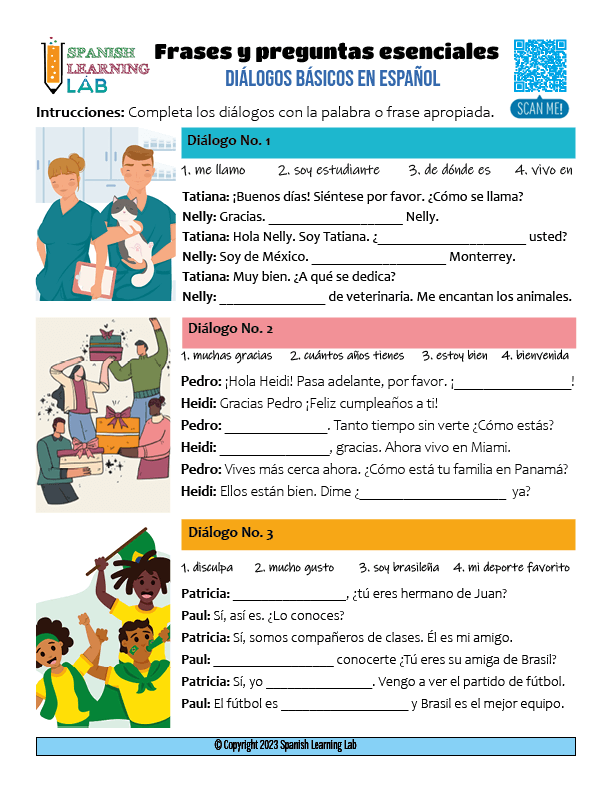 Essential Phrases and Questions in Spanish - Dialogues in PDF -  SpanishLearningLab
