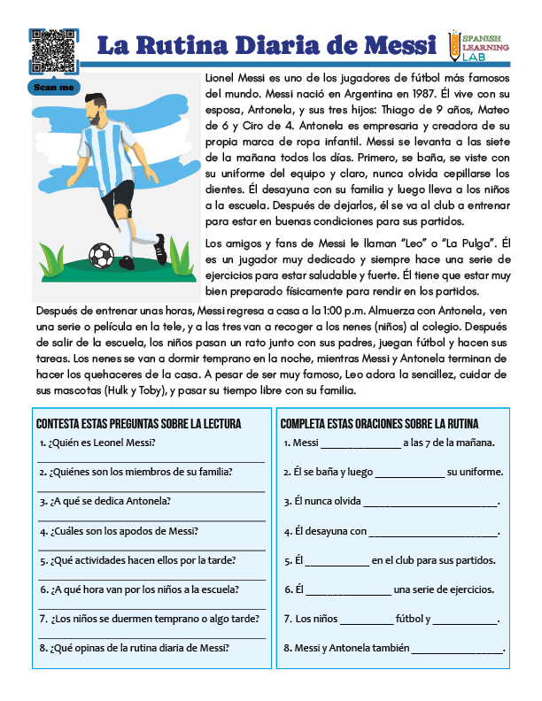 Messi's Daily Routine in Spanish - PDF Reading Worksheet - Spanish Learning  Lab