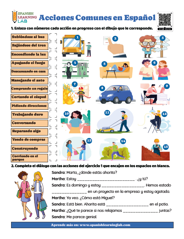 Ejercicios sobre verbos representando acciones comunes en español en hoja de trabajo en PDF