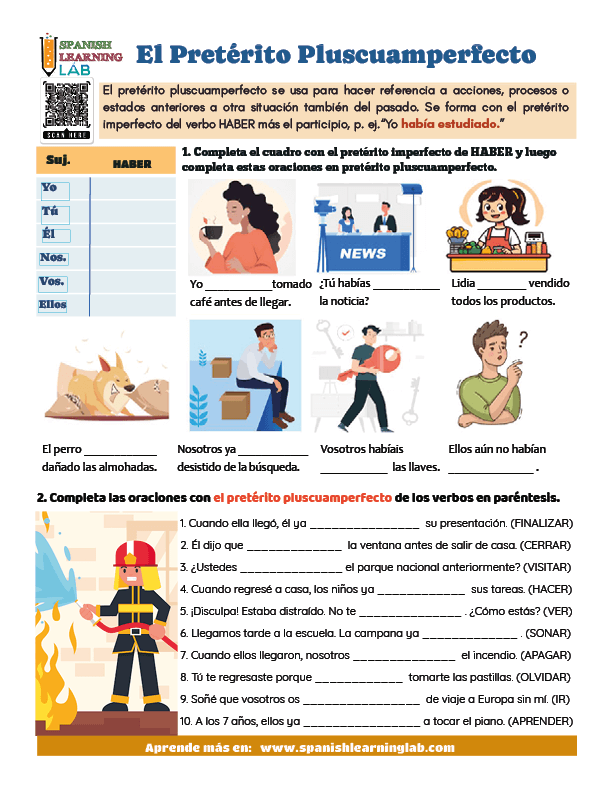 El pretérito pluscuamperfecto en español hoja de trabajo con ejercicios en PDF