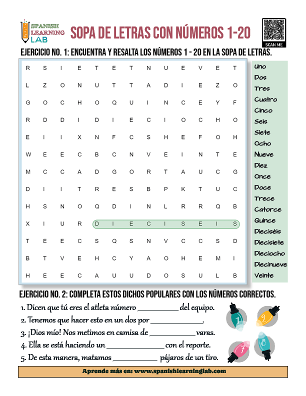 Sopa de letras en PDF sobre los números en español del 1 al 20