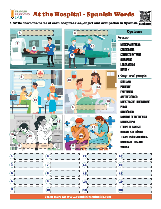 Vocabulary exercises at the hospital in Spanish PDF Worksheet