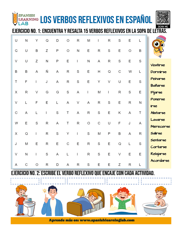 Sopa de letras con vocabulario de verbos reflexivos en español y ejercicios en PDF