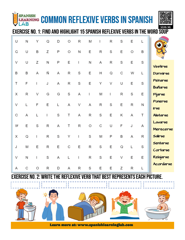Practice Common reflexive verbs in Spanish in PDF Worksheet with word soup