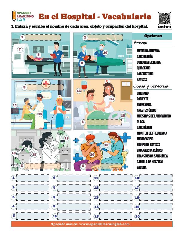 ejercicios de vocabulario en PDF sobre el hospital en español