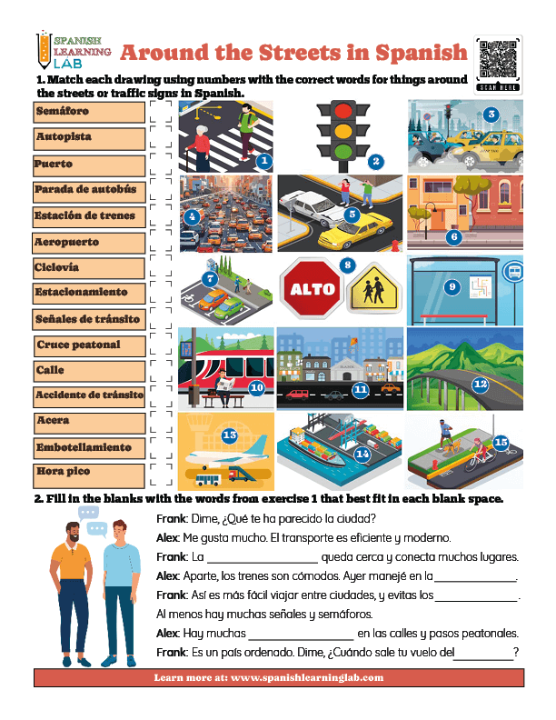 Around the Streets in Spanish - PDF Worksheet on vocabulary for traffic signs and more