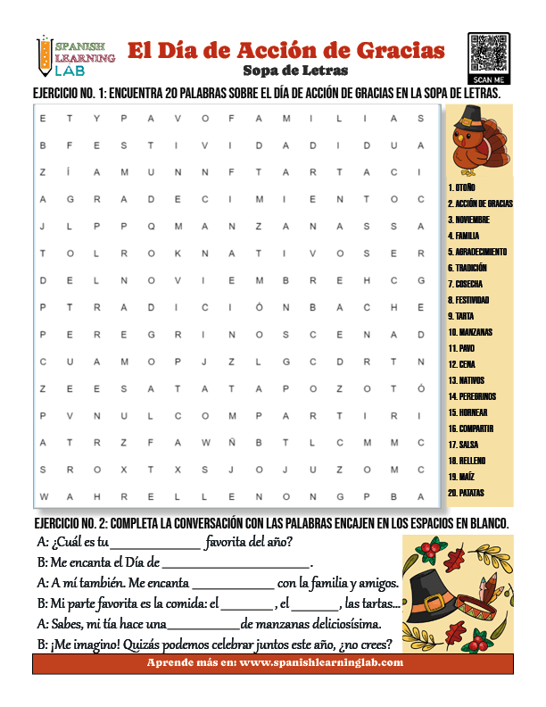 El vocabulario sobre el día de acción de gracias en español con una sopa de letras en PDF