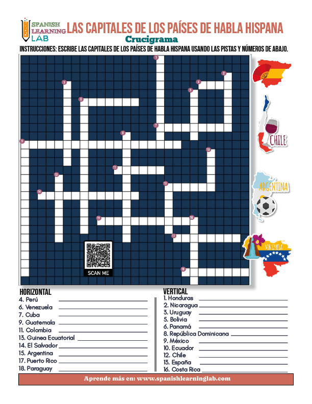 Crucigrama sobre Las capitales de los países de habla hispana en hoja de trabajo en PDF