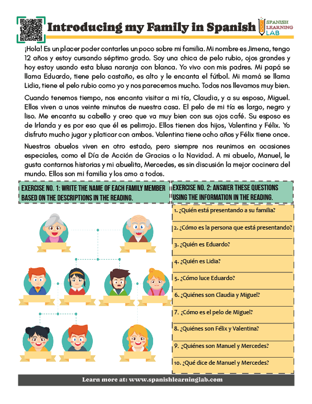 A PDF worksheet with reading and exercises introducing and describing the family in Spanish