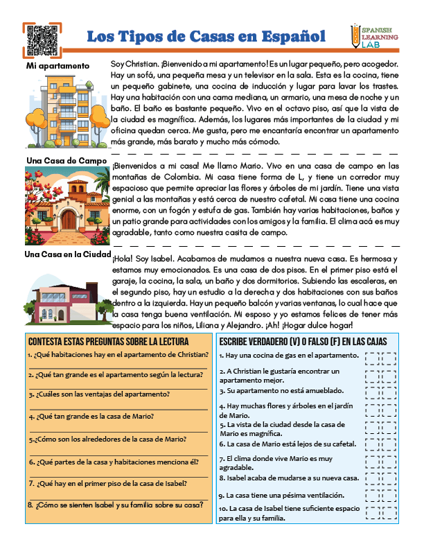 Tres lecturas con ejercicios sobre los tipos de casas en español en PDF