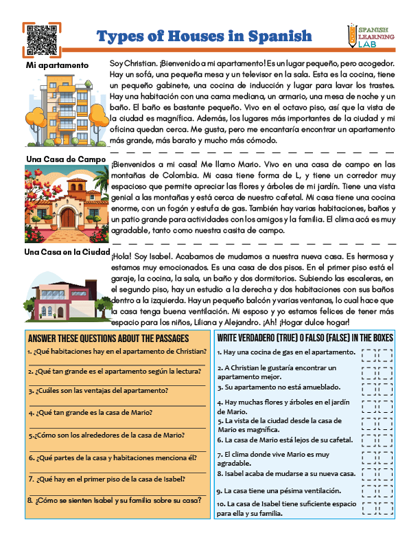 Types of houses in Spanish PDF reading worksheet  with exercises.