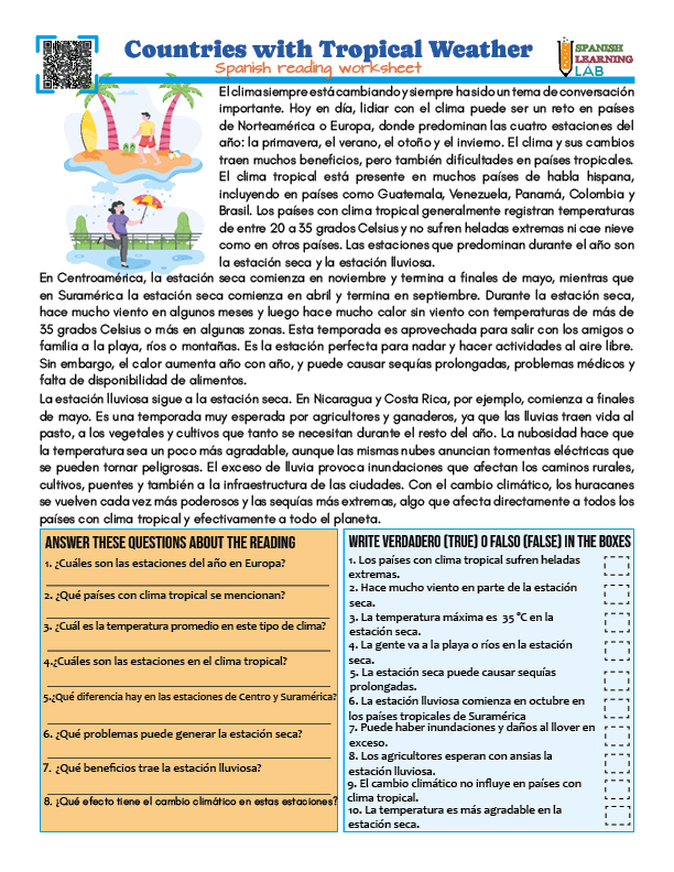 Countries with tropical weather PDF reading worksheet in Spanish with exercises