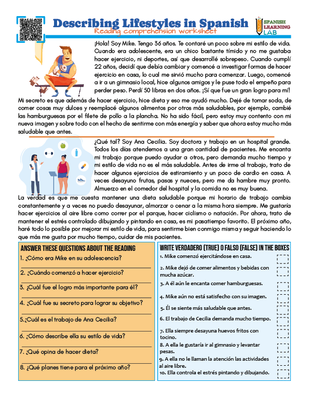 Describing lifestyles in Spanish in a PDF worksheet to practice reading comprehension