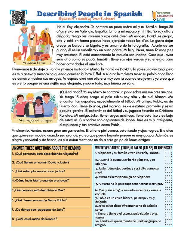 Hoja de trabajo en formato PDF con ejercicios sobre dos lecturas, describiendo personas en español