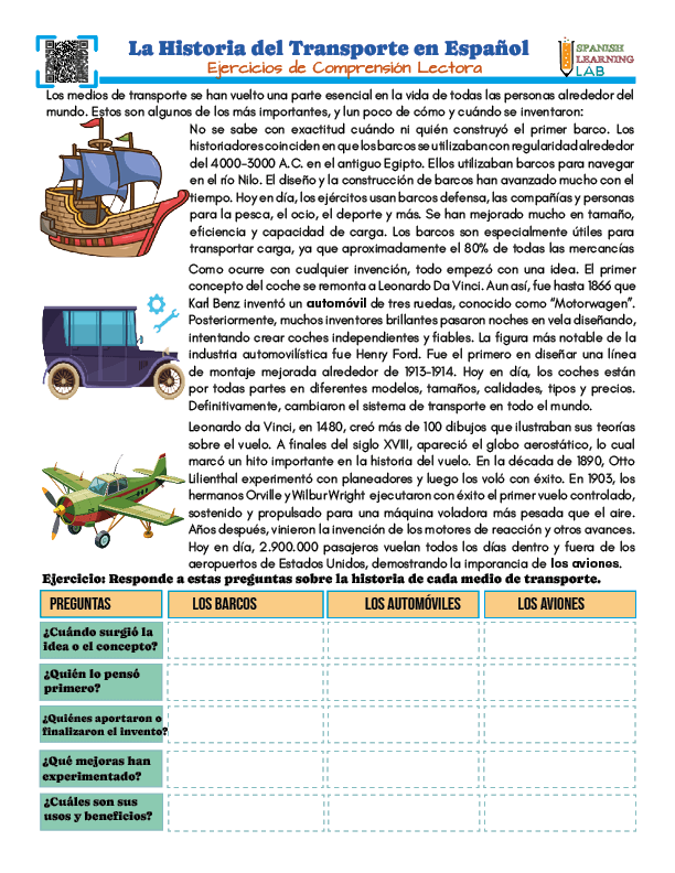 La Historia del Transporte en Español Ejercicios de Lectura en PDF