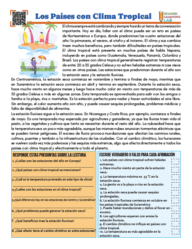 Una hoja de trabajo de lectura en PDF sobre los países con clima tropical con dos ejercicios