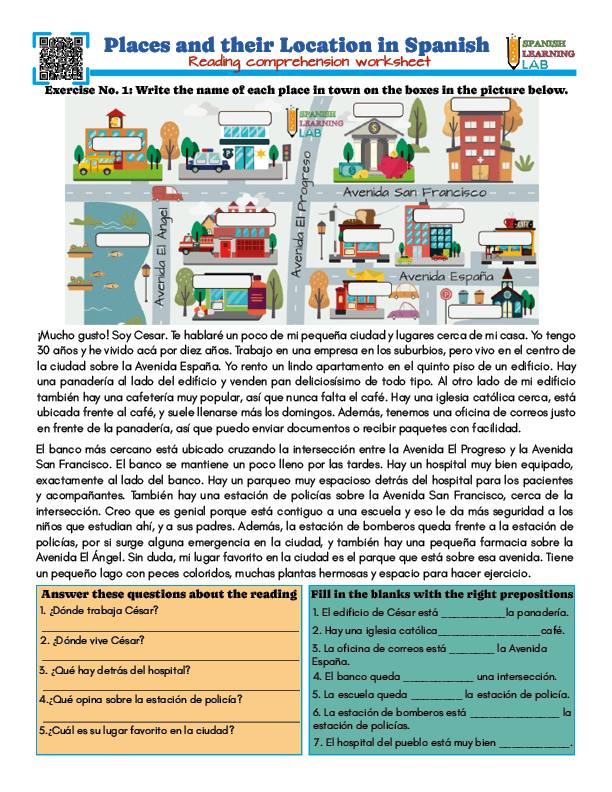 Practice reading comprehension with the exercises on PDF worksheet about places and their location in Spanish