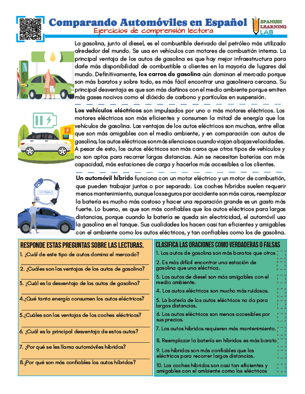 Comparando automóviles en español ejercicios de lectura en PDF