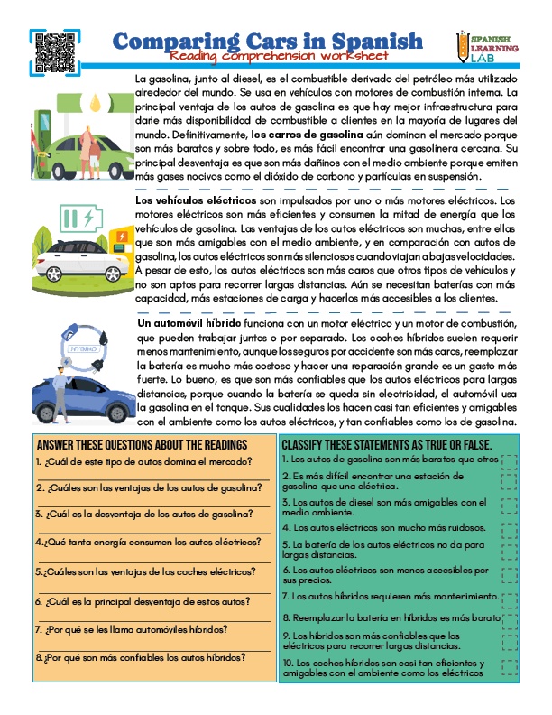 Comparing Cars in Spanish - PDF Reading Worksheet with exercises