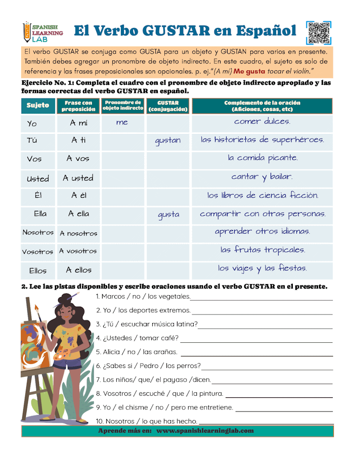 Ejercicios de gramática sobre el verbo GUSTAR en español en hoja de trabajo en PDF