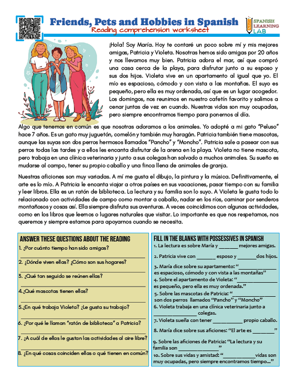 Friends, Pets and Hobbies in Spanish and posessive pronouns and adjectives in PDF Reading Worksheet