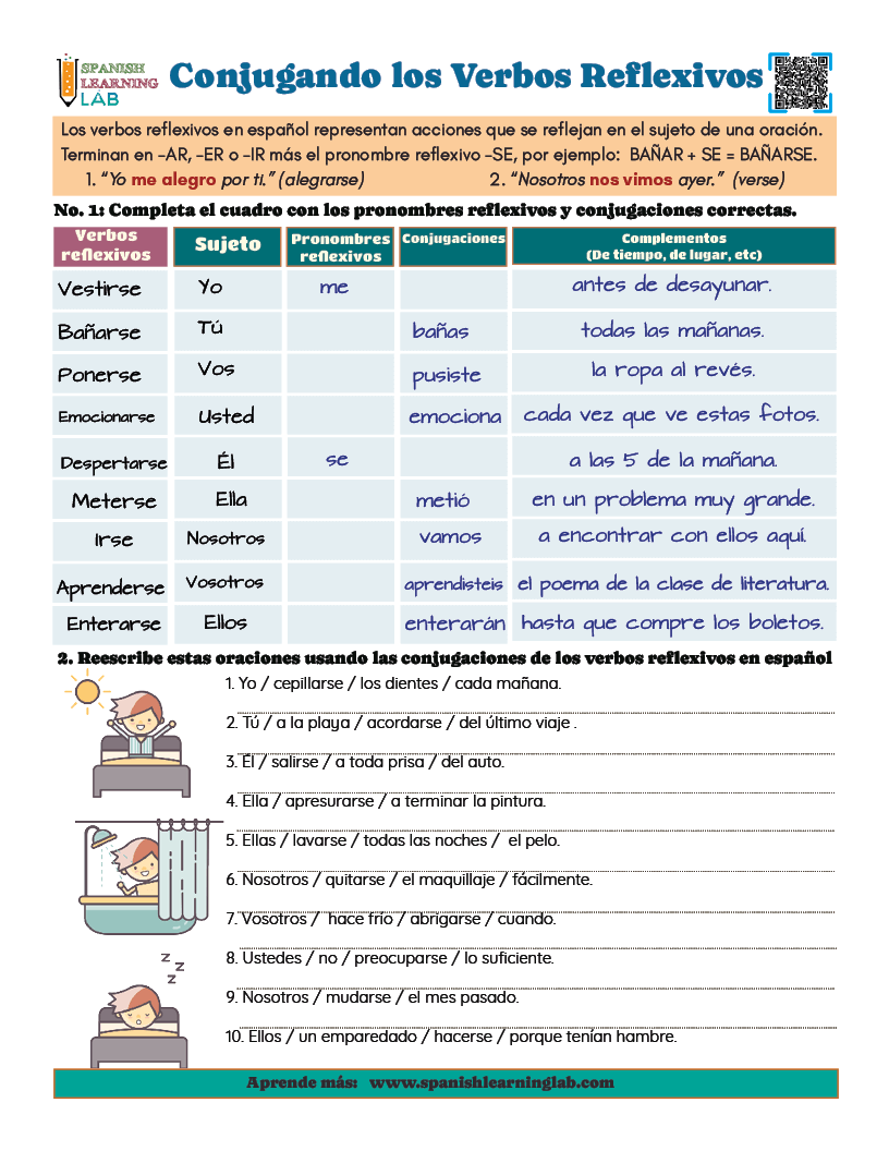 Conjugando Verbos reflexivos en español ejercicios de gramática en material PDF