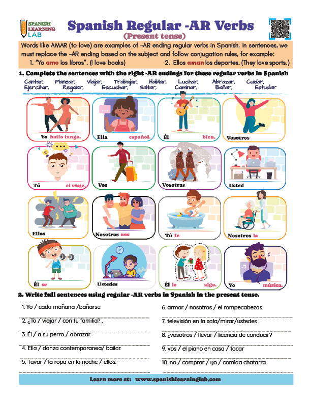 Conjugating AR Regular verbs in Spanish PDF worksheet grammar exercises