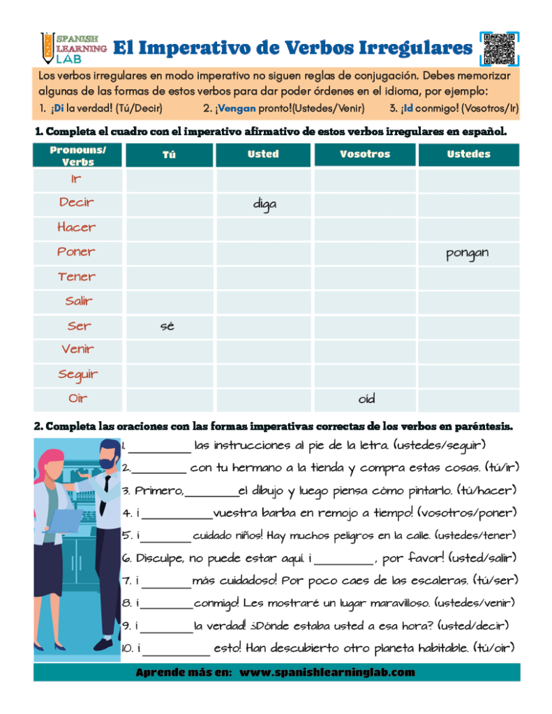 El MODO imperativo de los verbos irregulares en español ejercicios de gramática en PDF