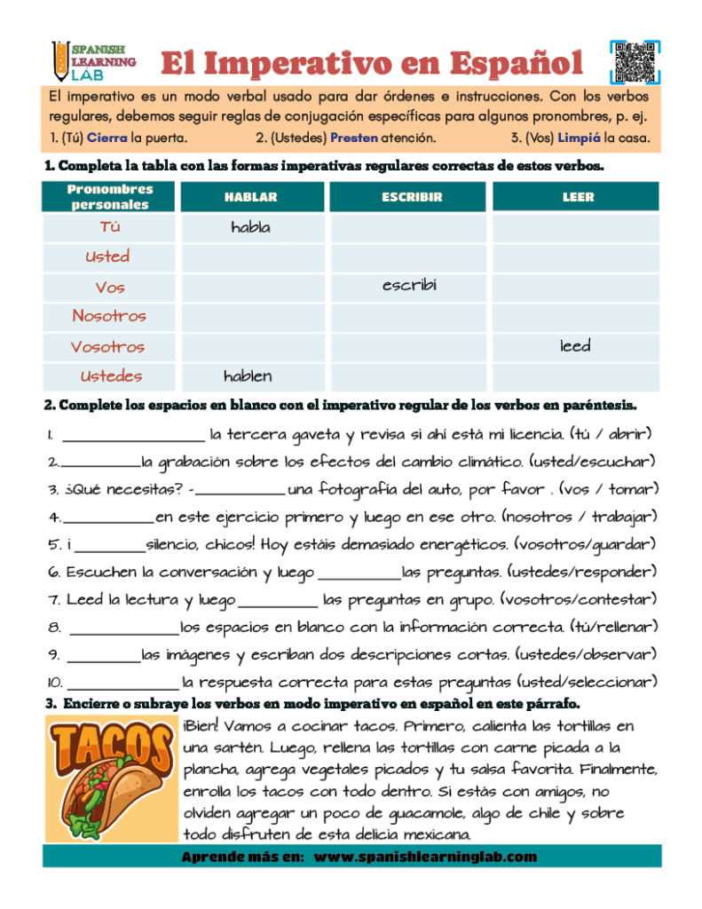 El modo imperativo en español ejercicios de gramática en PDF