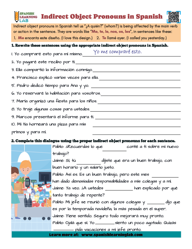 A PDF worksheet about indirect object pronouns in Spanish with two grammar exercises