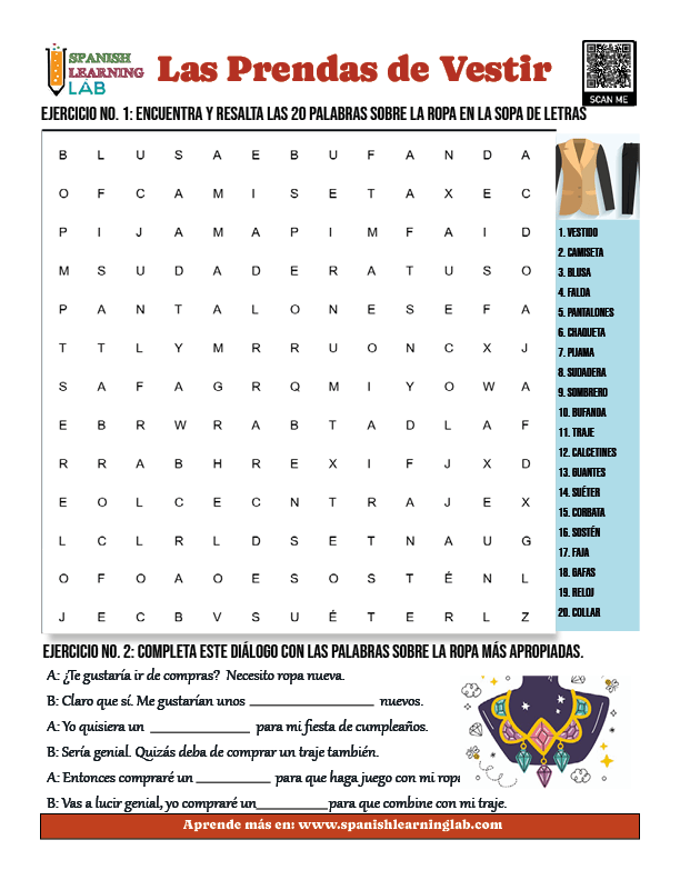 Las Prendas de Vestir en Español Sopa de Letras en PDF y dialogo